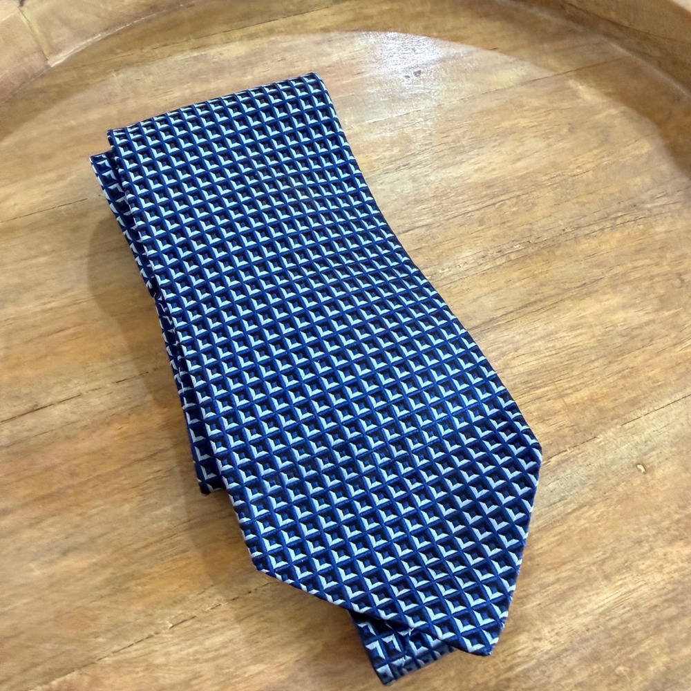 Ermenegildo Zegna Silk Tie OS Navy Blue Geometric Diamond Italian Luxury